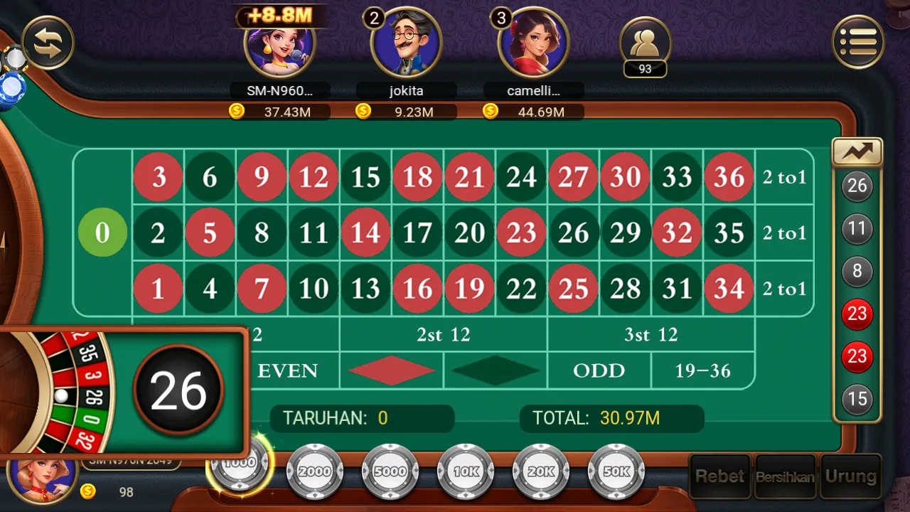 Meja Roulette virtual dengan chip taruhan